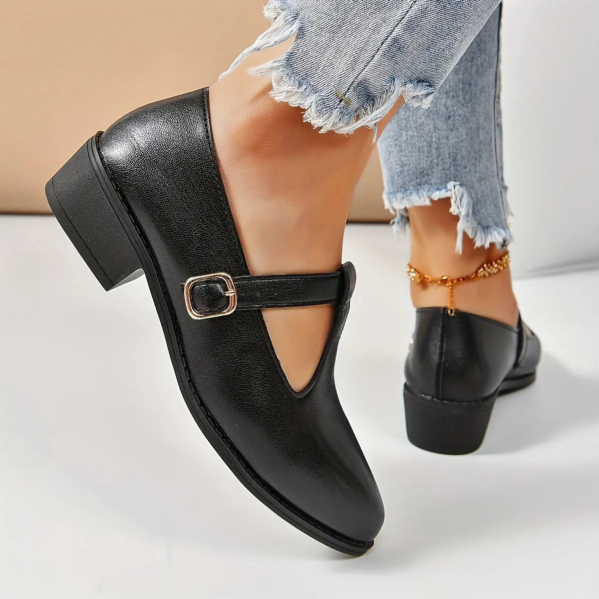 Women's Solid Color Chunky Heel Loafers, Fashion Cutout Design Buckle Strap Design Shoes, Women's Comfortable Shoes MyFave Boutique