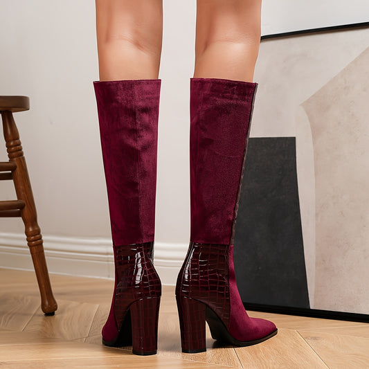 Women's Solid Color Block Heeled Boots, Fashion Pointed Toe Knee High Boots, Stylish Side Zipper Boots MyFave Boutique