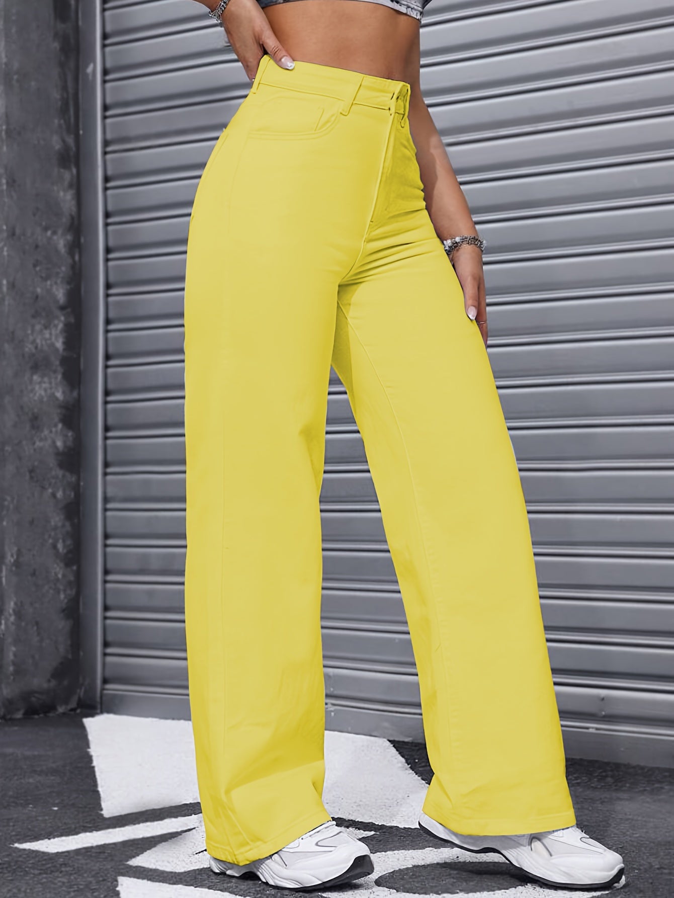 Plain Yellow Pastel Color Loose Fit Wide Leg Elastic Waistband Jeans, Women's Denim Jeans & Clothing MyFave Boutique