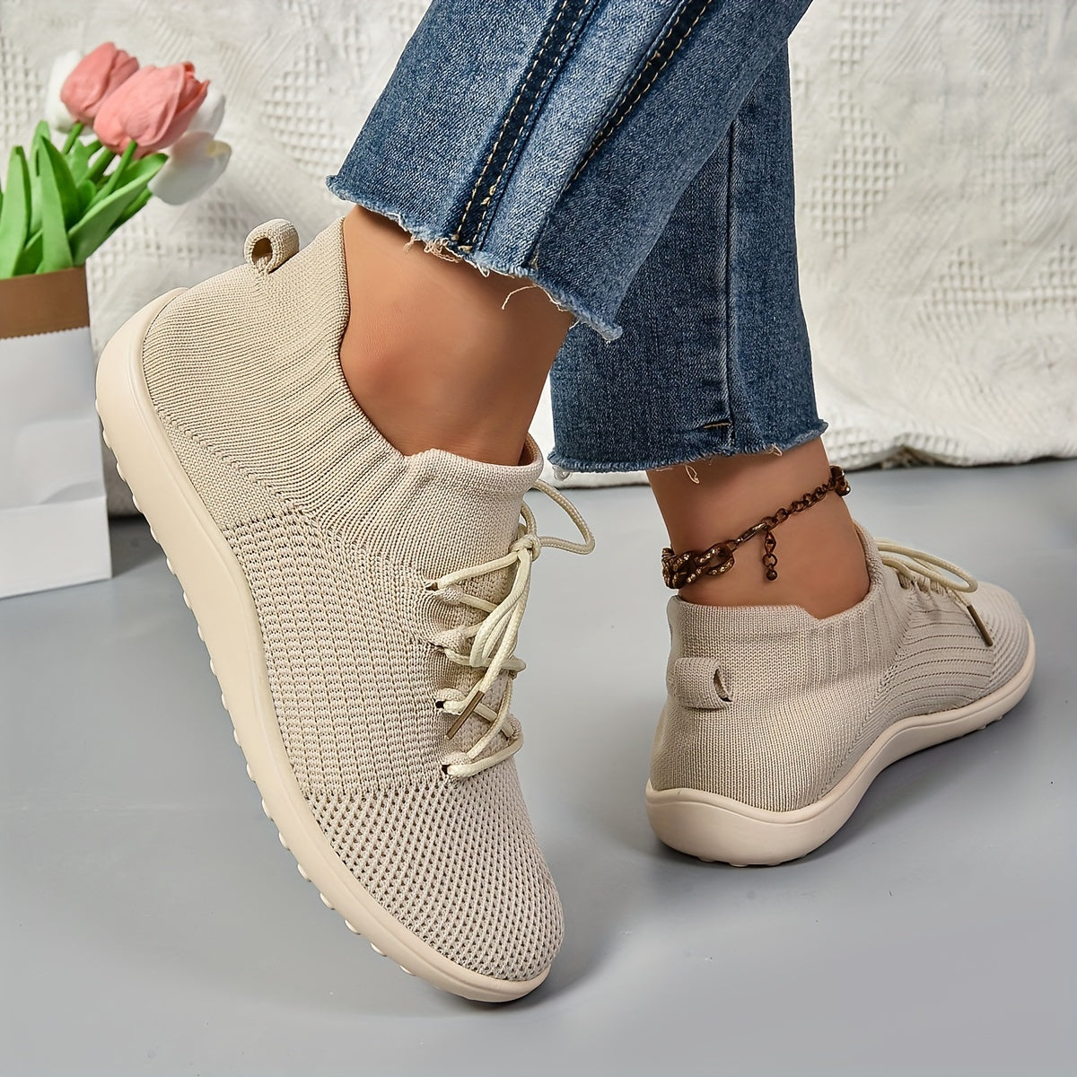 Women's Breathable Knit Sneakers - Comfortable Slip-On Sneakers with Lace-Up Design, EVA Sole for All Seasons MyFave Boutique