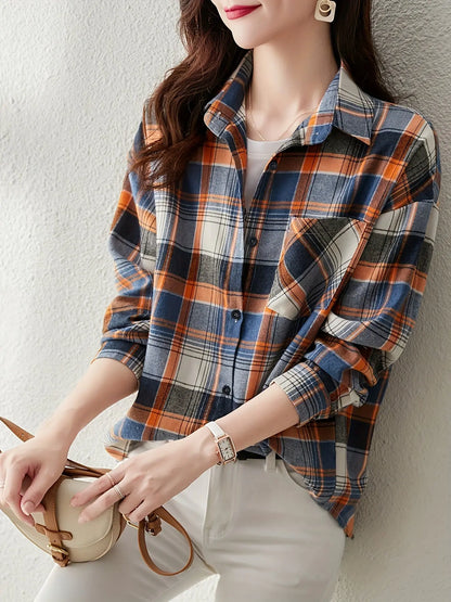 Stylish Checkered Button-Up Shirt for Women - Long Sleeves, Lapel Collar, Western Style MyFave Boutique