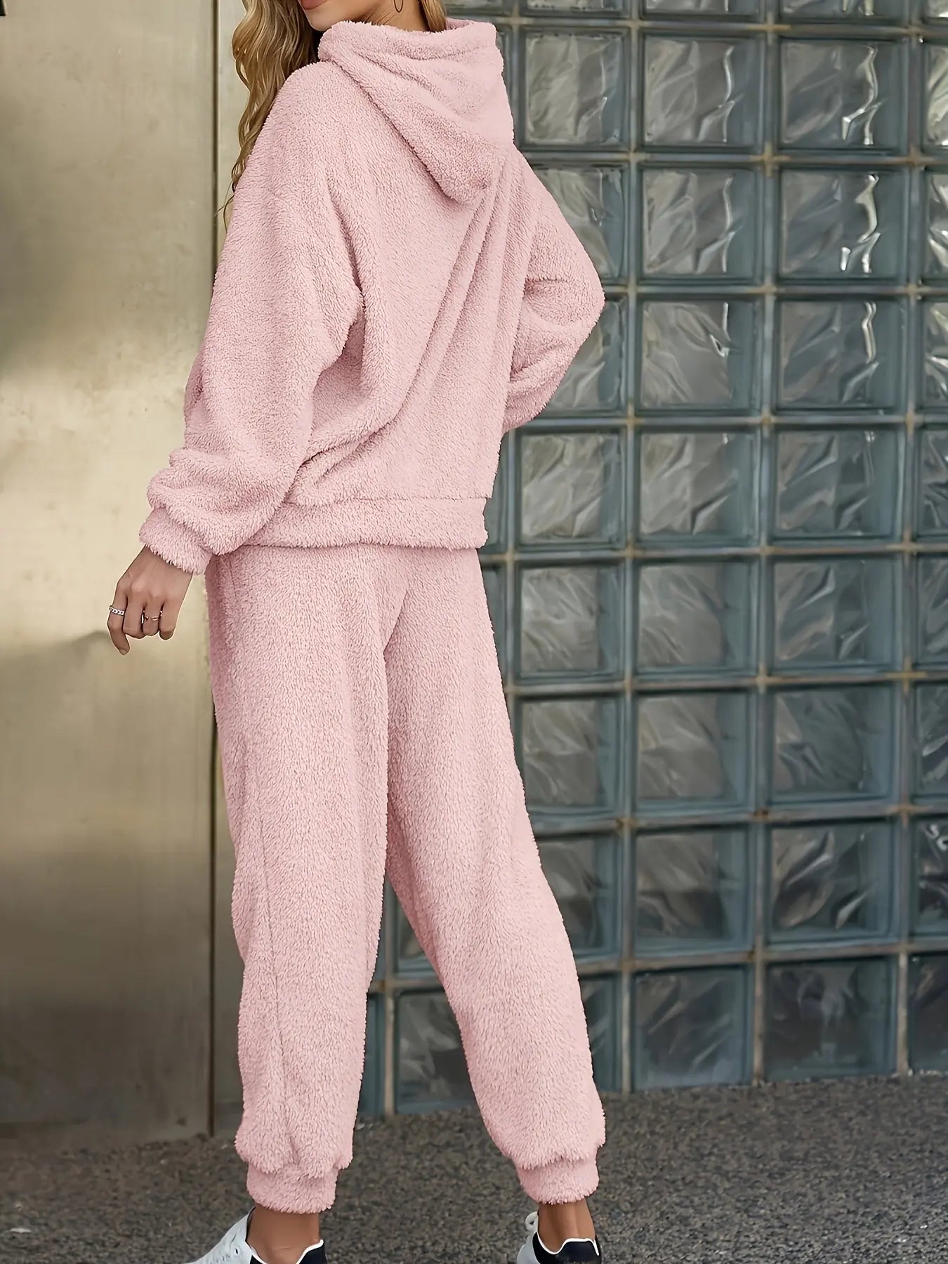 Women's Solid Fleece Thick Casual Pajama Set, Long Sleeve Hoodie With Kangaroo Pockets & Pants, Comfortable Relaxed Fit For Fall & Winter MyFave Boutique