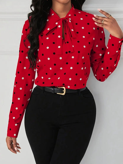 Ladies Polka Dot Print Tie Casual Elegant Long Sleeve Shirt MyFave Boutique