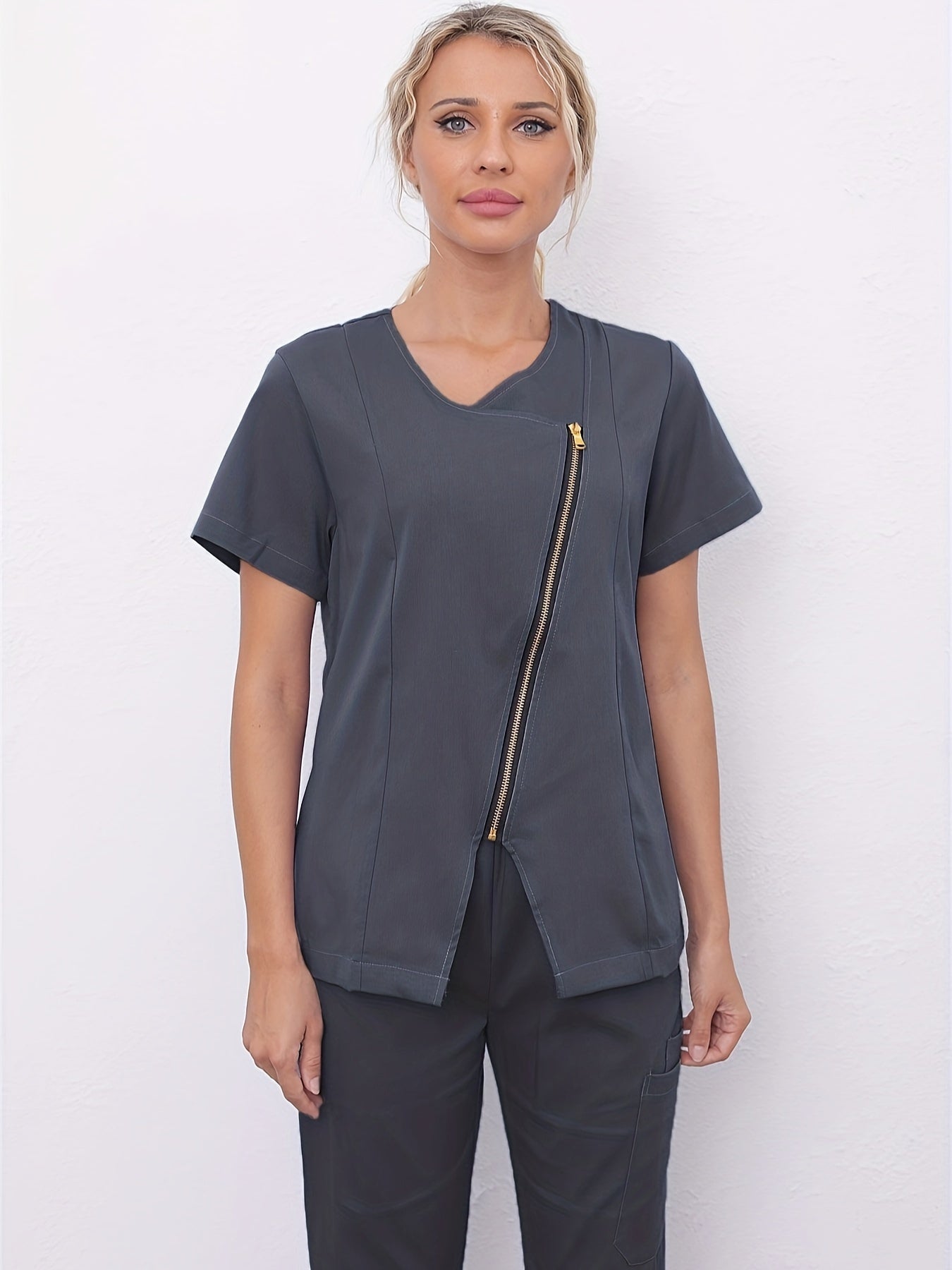 Short Sleeve V-neck Zipper Top, Comfortable & Functional Health Care Uniform For Nurse, Women's Clothing MyFave Boutique