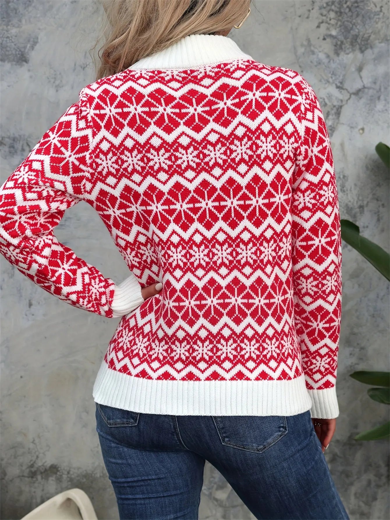 Christmas Snowflake Geo Pattern Mock Neck Sweater, Elegant Color Block Long Sleeve Sweater For Fall & Winter, Women's Clothing MyFave Boutique