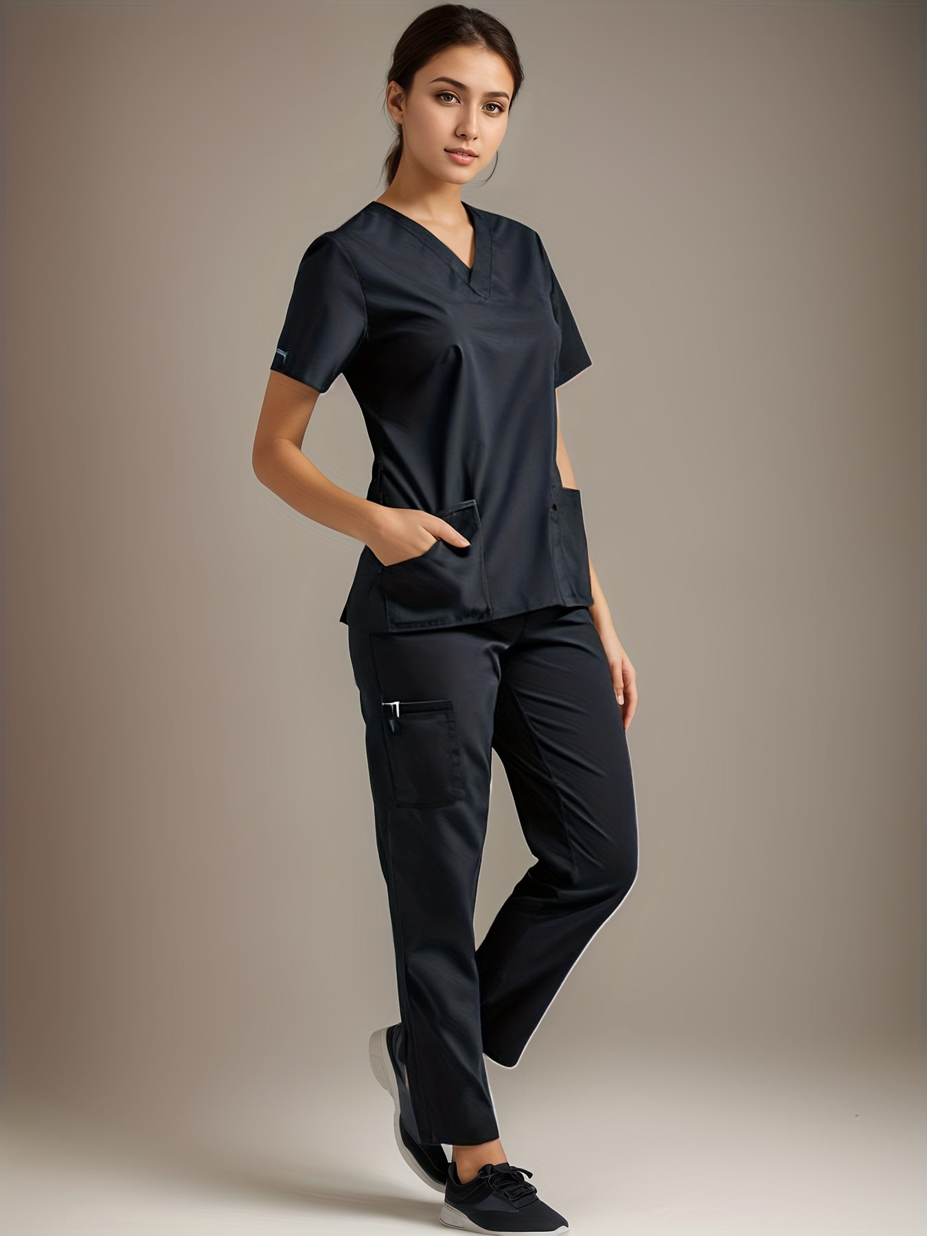 two-piece Elegant Two-Piece V-Neck Health Uniform Set - Micro Elastic Polyester, Pockets, Woven, Comfortable & Professional Women's Clothing for All Seasons MyFave Boutique