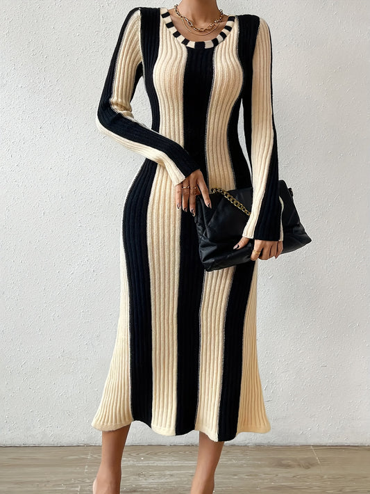 Women's Stripe Color Block Bodycon Dress with Long Sleeves - Flattering Fit and Comfortable Fabric MyFave Boutique