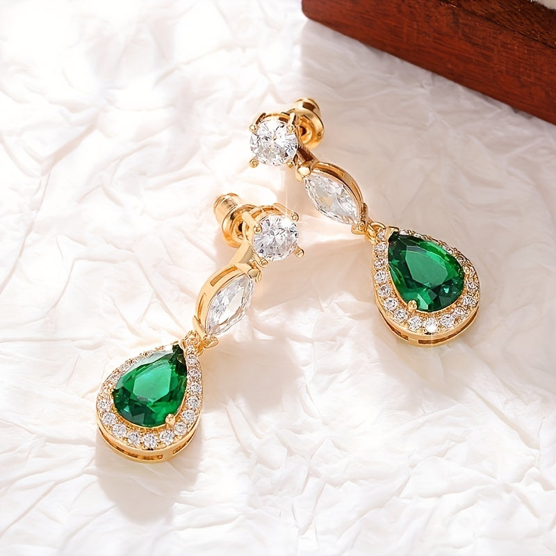 2 Pairs Women Fashion Pendant Earrings Luxury Elegant Green Synthetic Gemstones Bride Wedding Jewelry Surprise Gift for Girlfriend (No Box) MyFave Boutique