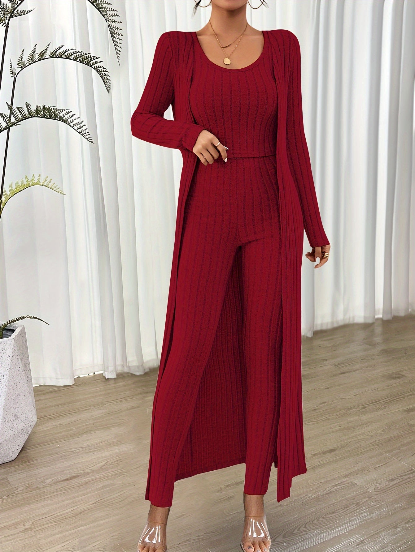 Ribbed Solid Three-piece Set, Crop Tank Top & Long Sleeve Cardigan & High Waist Pants Outfits, Women's Clothing MyFave Boutique