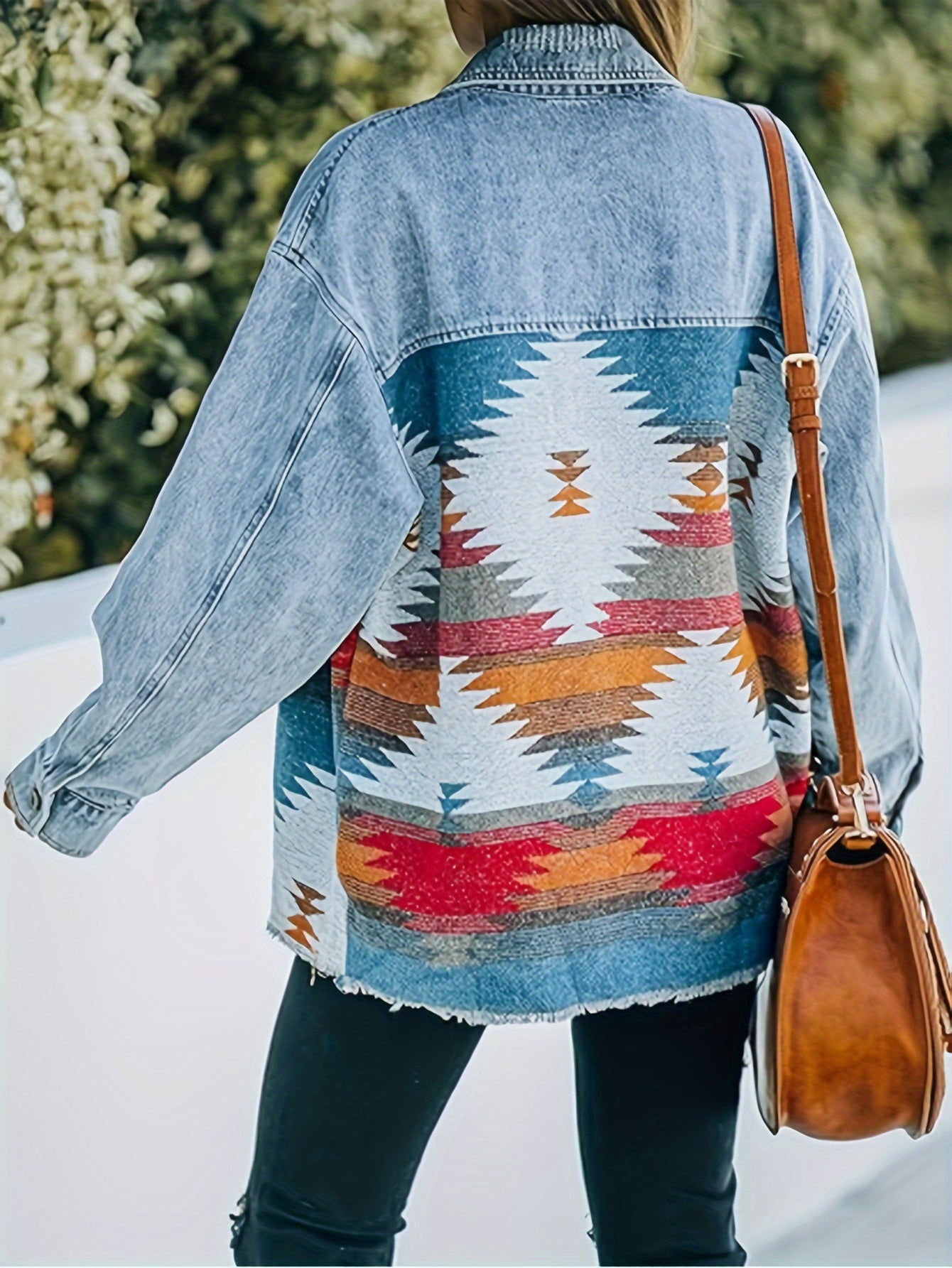 Women's Aztec Print Button Up Boho Retro Long Sleeve Loose Fit Washed Blue Denim Jacket MyFave Boutique