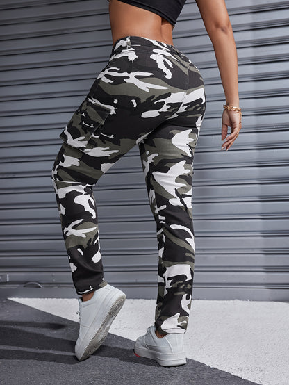 Camo Print Side Flap Pocket Streetwear Cargo Jeans Denim Pants, Women's Denim Jeans & Clothing MyFave Boutique