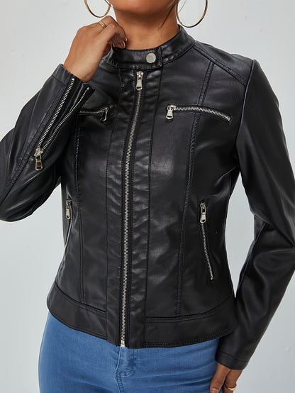 Zipper PU Motorcycle Jacket, Stylish Solid Color Long Sleeve Jacket For Spring & Fall, Women's Clothing MyFave Boutique