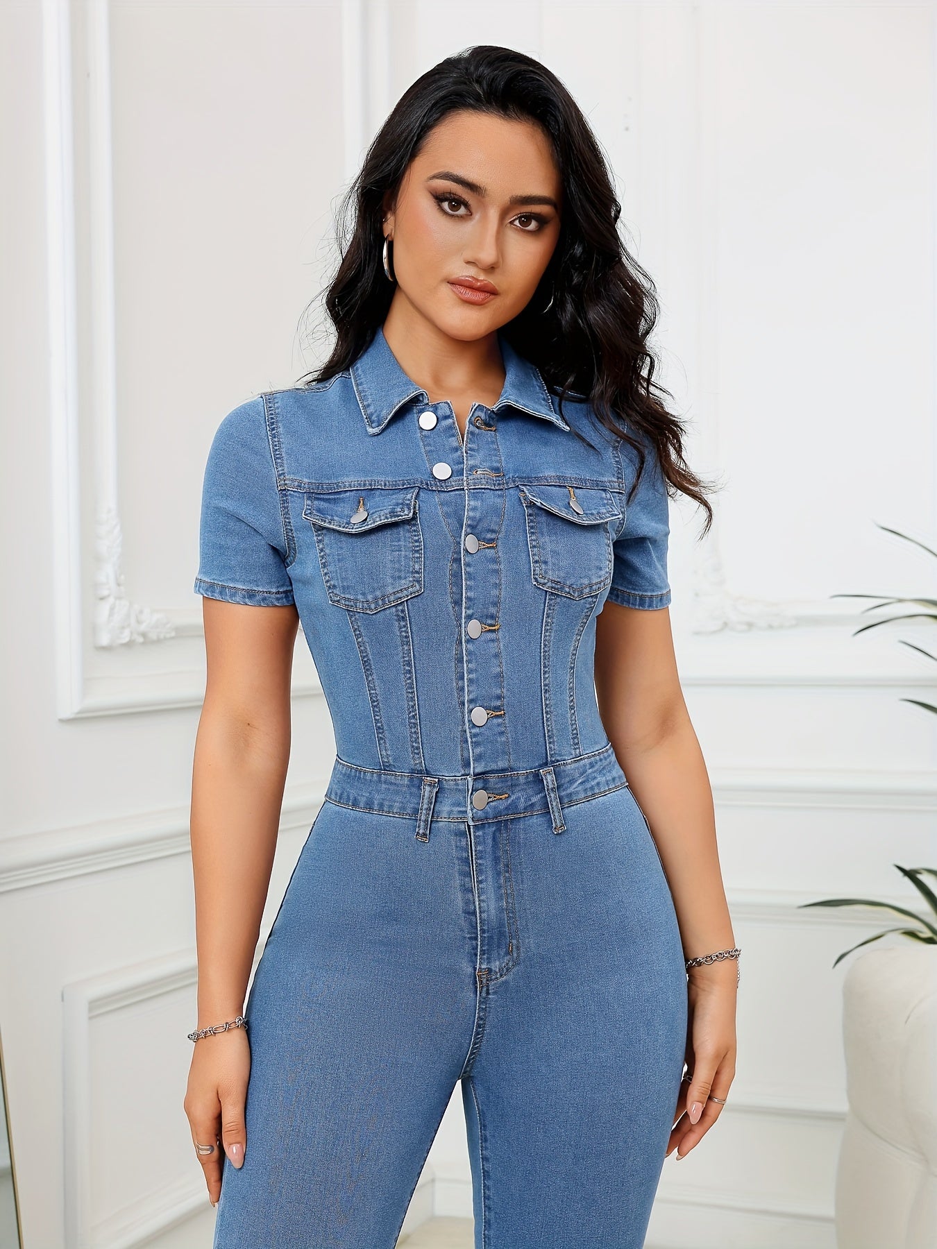 Plain Washed Blue Skinny Fit Short Sleeve Single-breasted Denim Overalls Jumpsuit, Women's Denim Jeans & Clothing MyFave Boutique