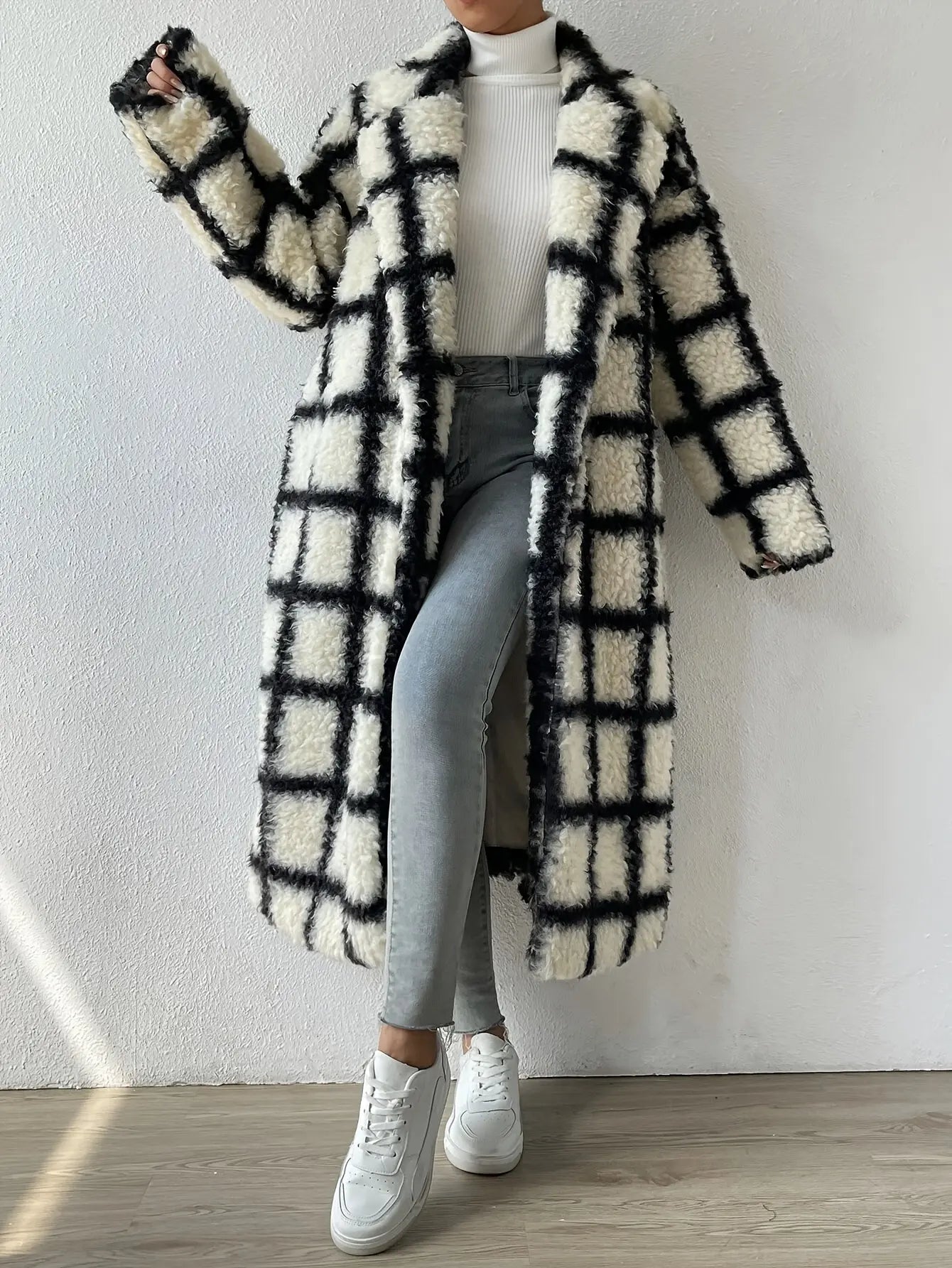 Elegant Plaid Drop Shoulder Long Pants Fleece-Lined Long Sleeve Polyester Coat for Women - Autumn/Winter MyFave Boutique