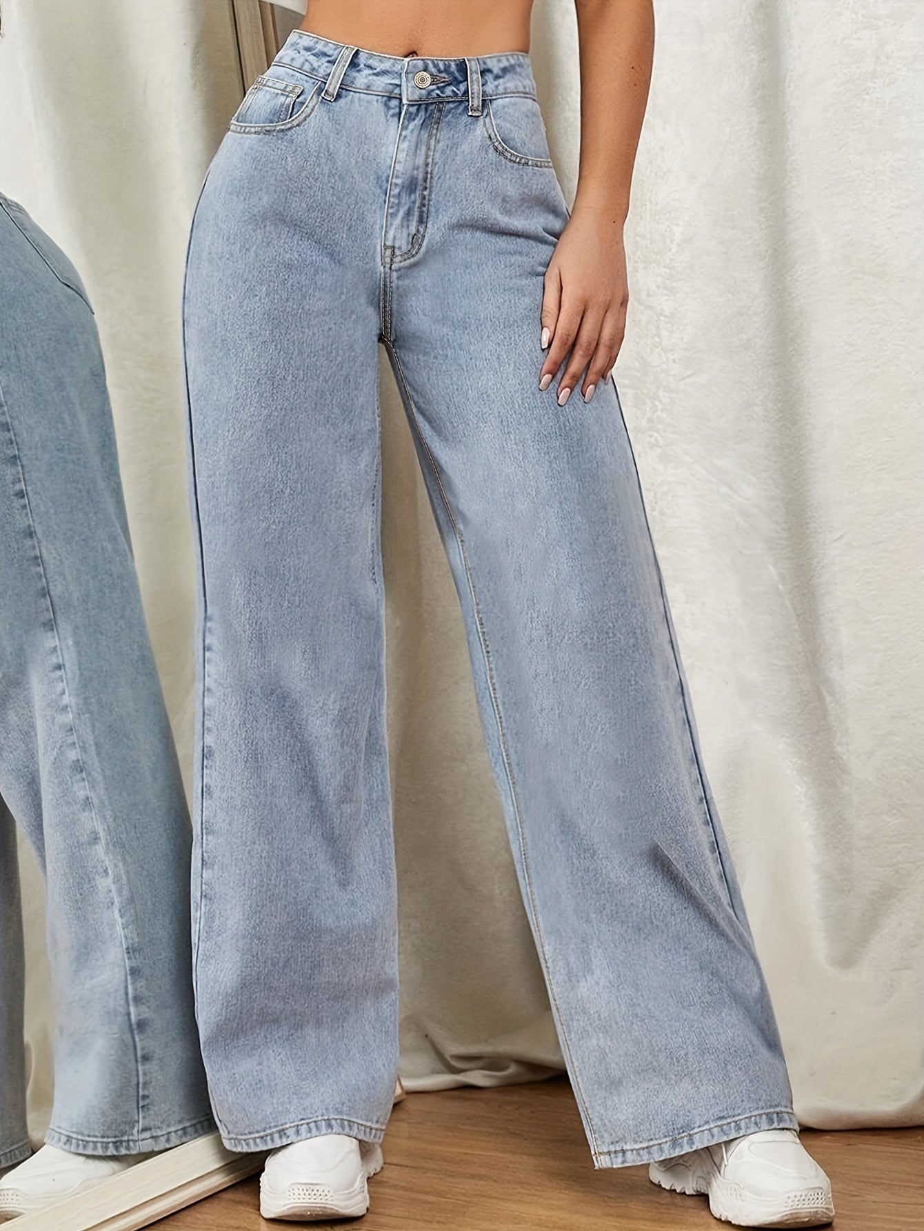 High-Rise Women's Jeans - Comfortable Soft Stretch Cotton Blend, Four-Season, Long-Length, Classic Straight Leg, High-Waisted Relaxed Fit, Elastic Waist, No Pattern, Machine Washable MyFave Boutique