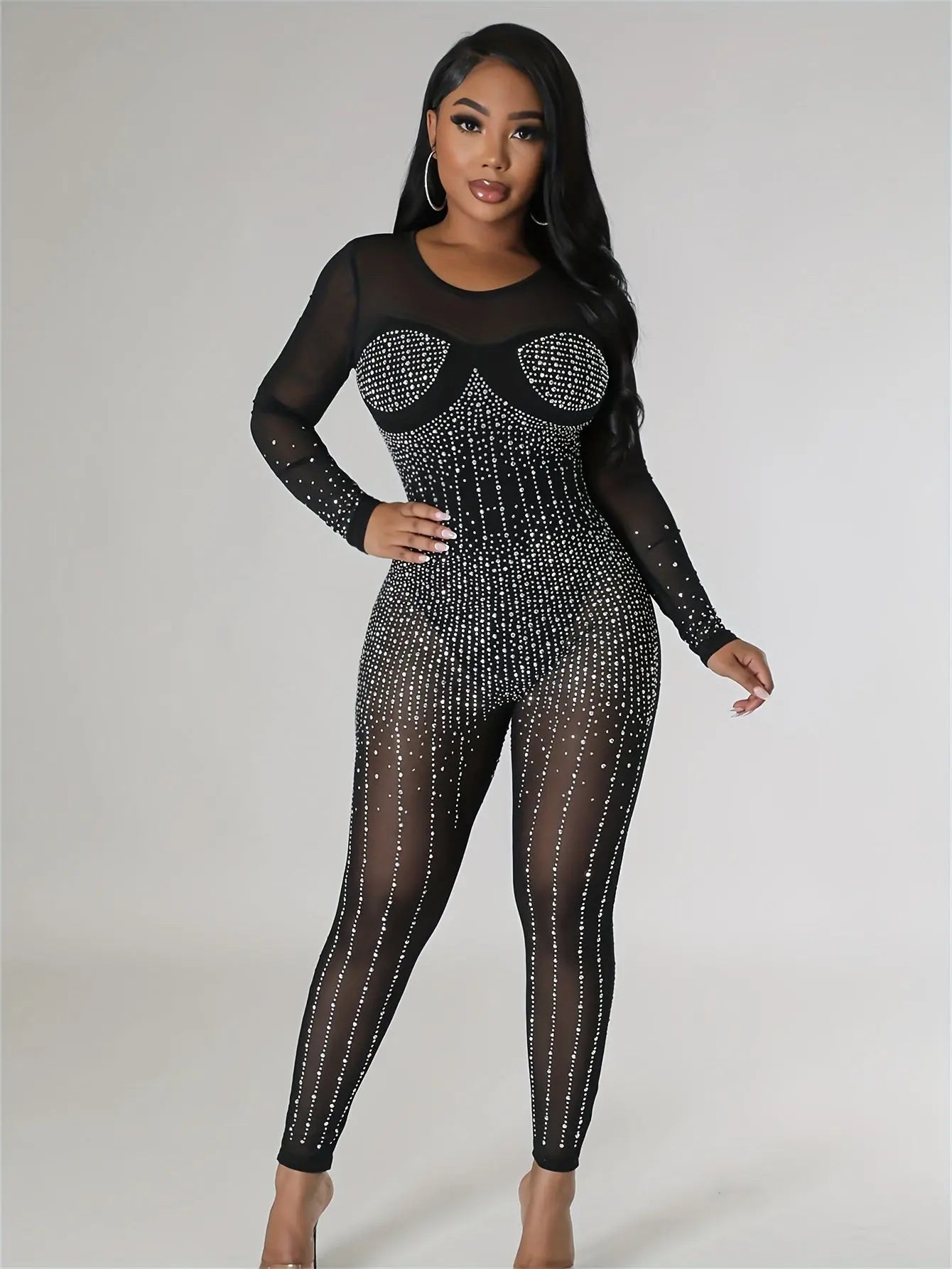 Solid Rhinestone Crew Neck Jumpsuit, Y2K Sleeveless Slim Jumpsuit For Spring & Summer, Women's Clothing MyFave Boutique