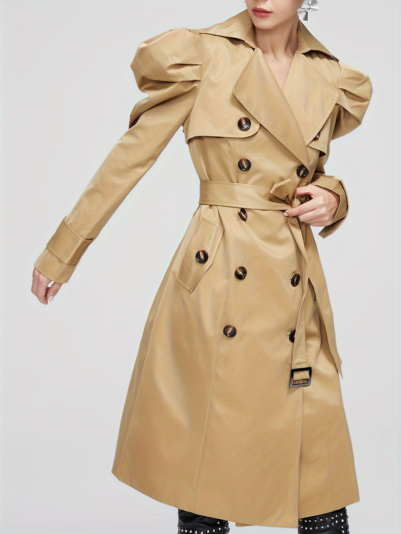 ZIAI Solid Double Breasted Trench Coat, Elegant Lapel Neck Long Sleeve Coat, Women's Clothing MyFave Boutique