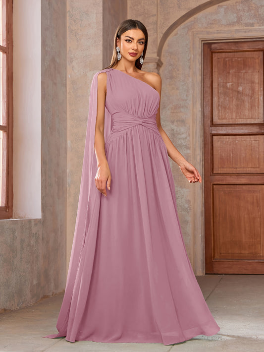 Ruched Waist One Shoulder Chiffon Dress, Elegant Sleeveless Draped A-line Floor Length Evening Dress For Party & Banquet, Women's Clothing MyFave Boutique