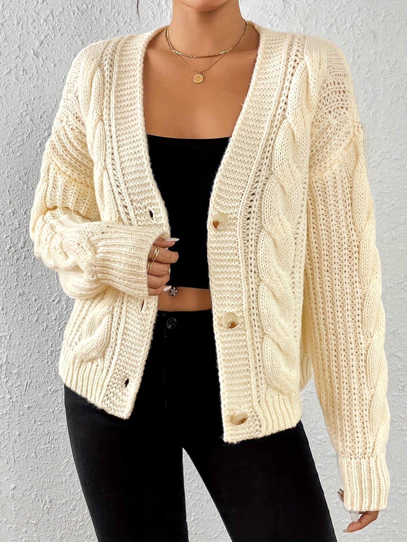 Solid Cable Knit Cardigan, Casual Drop Shoulder Cardigan For Fall & Winter, Women's Clothing MyFave Boutique