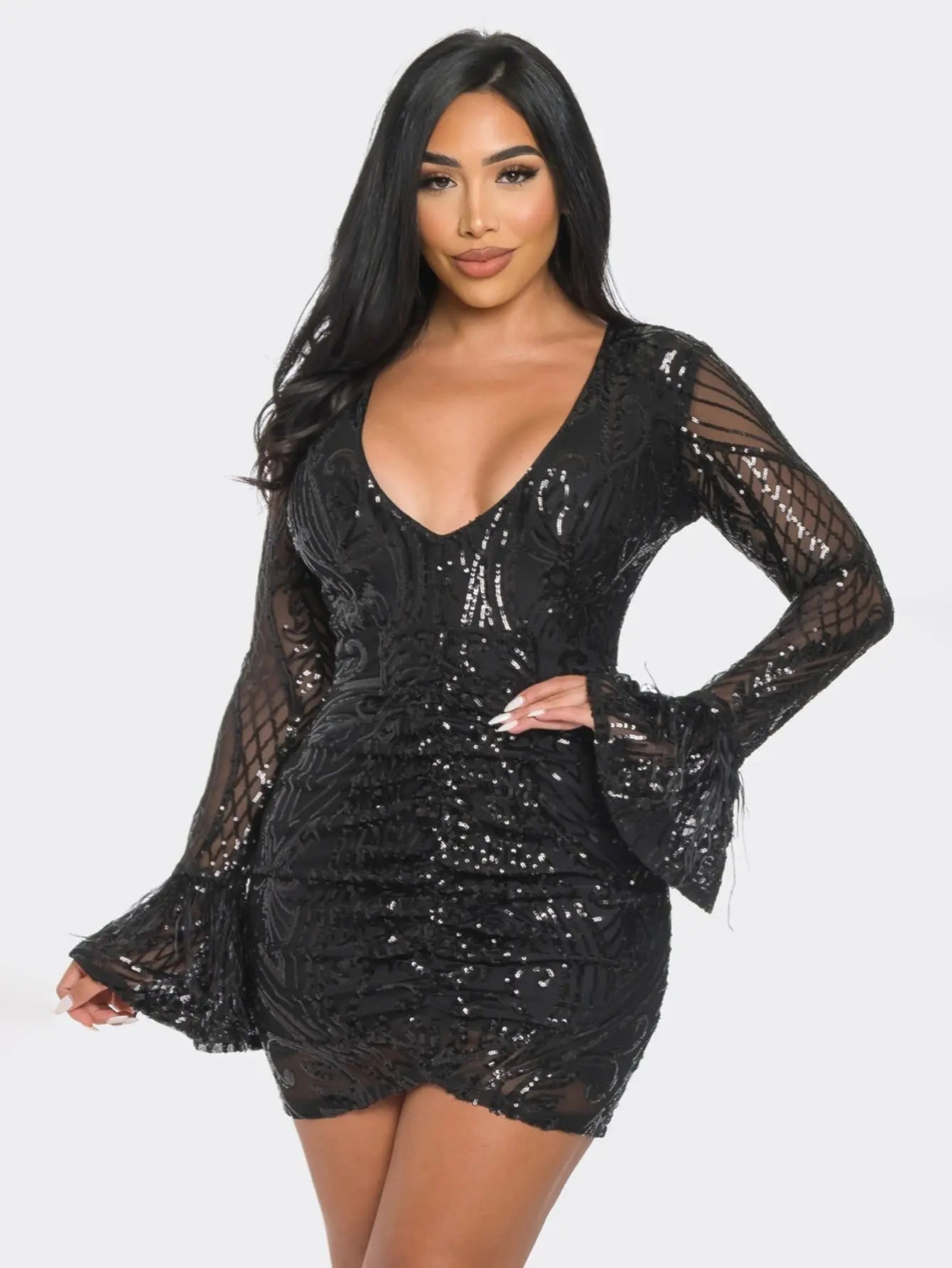 Elegant Long-Sleeve Sequin Mini Dress with Feather Trim Perfect for Glamorous Events MyFave Boutique