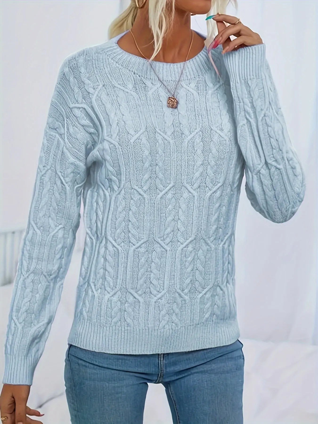 Crew Neck Solid Knitted Sweater, Casual Long Sleeve Sweater, Women's Clothing MyFave Boutique