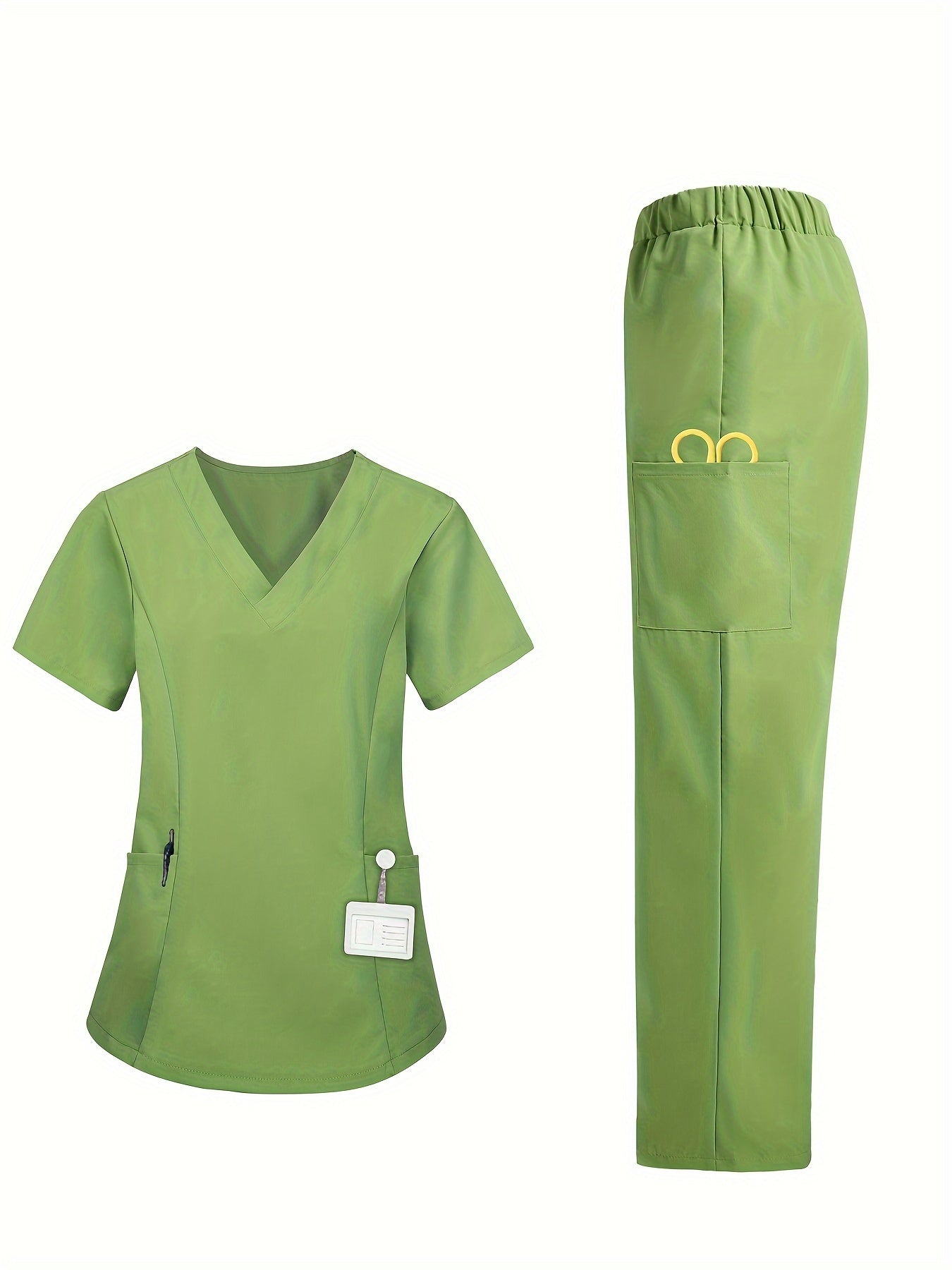 Women's and Men's Unisex Scrubs Set - V-Neck Polyester Medical Uniform with Multiple Pockets, Solid Color Short Sleeve Top and Pants, Slight Stretch Fabric, Loose-Fit, All-Season - Professional Healthcare Attire MyFave Boutique