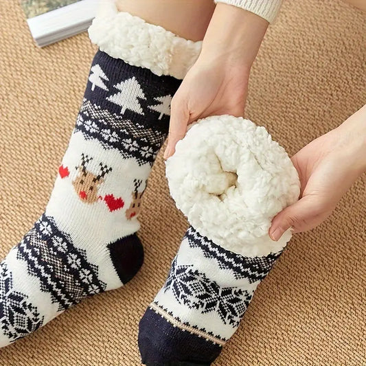 1 Pair Christmas Deer Pattern Plush Mid Tube Socks For Fall & Winter, Cozy Warm Comfy & Breathable Floor Socks, Women's Stockings & Hosiery MyFave Boutique