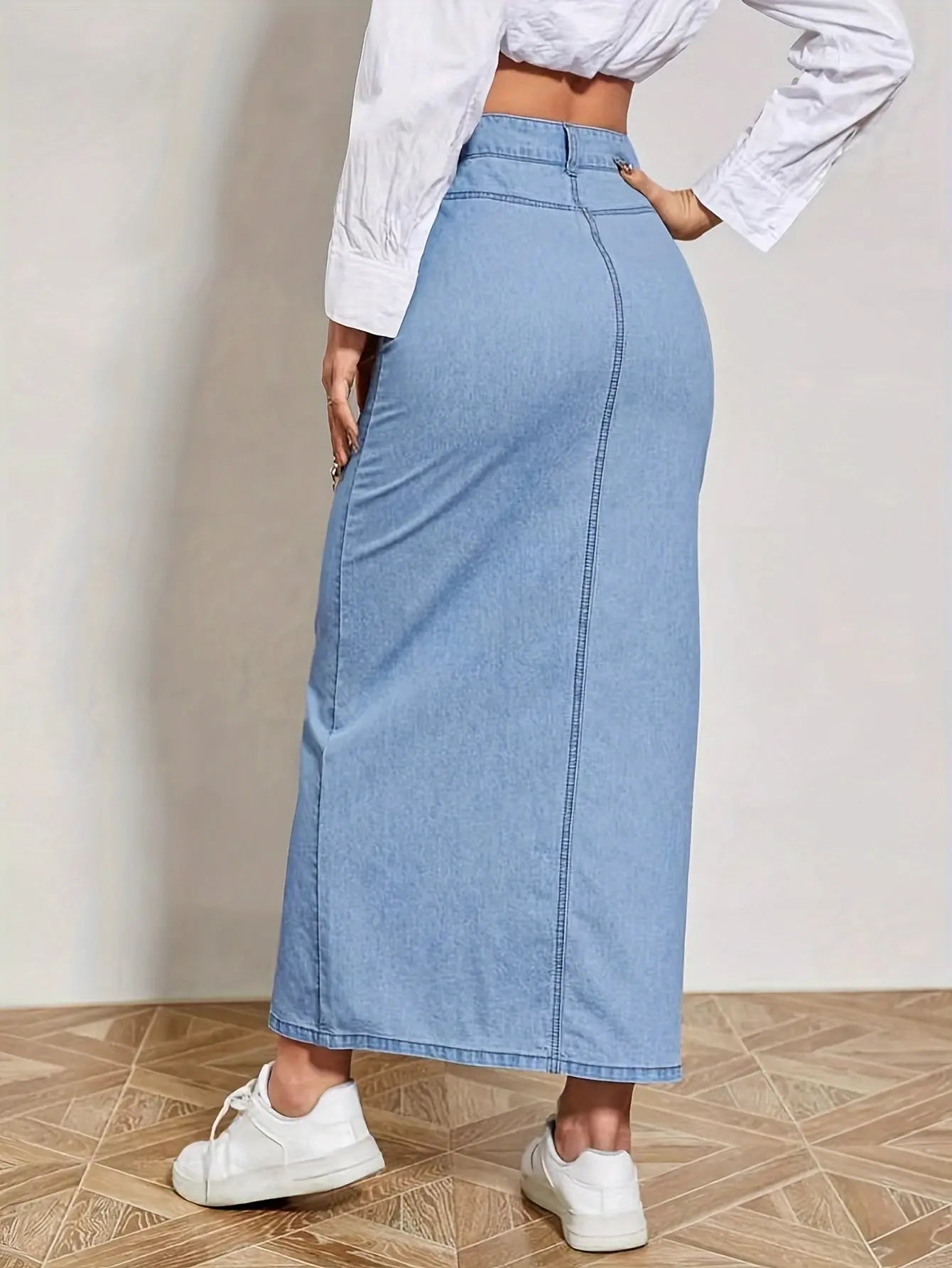 Women's Single-breasted Denim Maxi Skirt with Split Hem, Patch Pocket, and High Rise MyFave Boutique