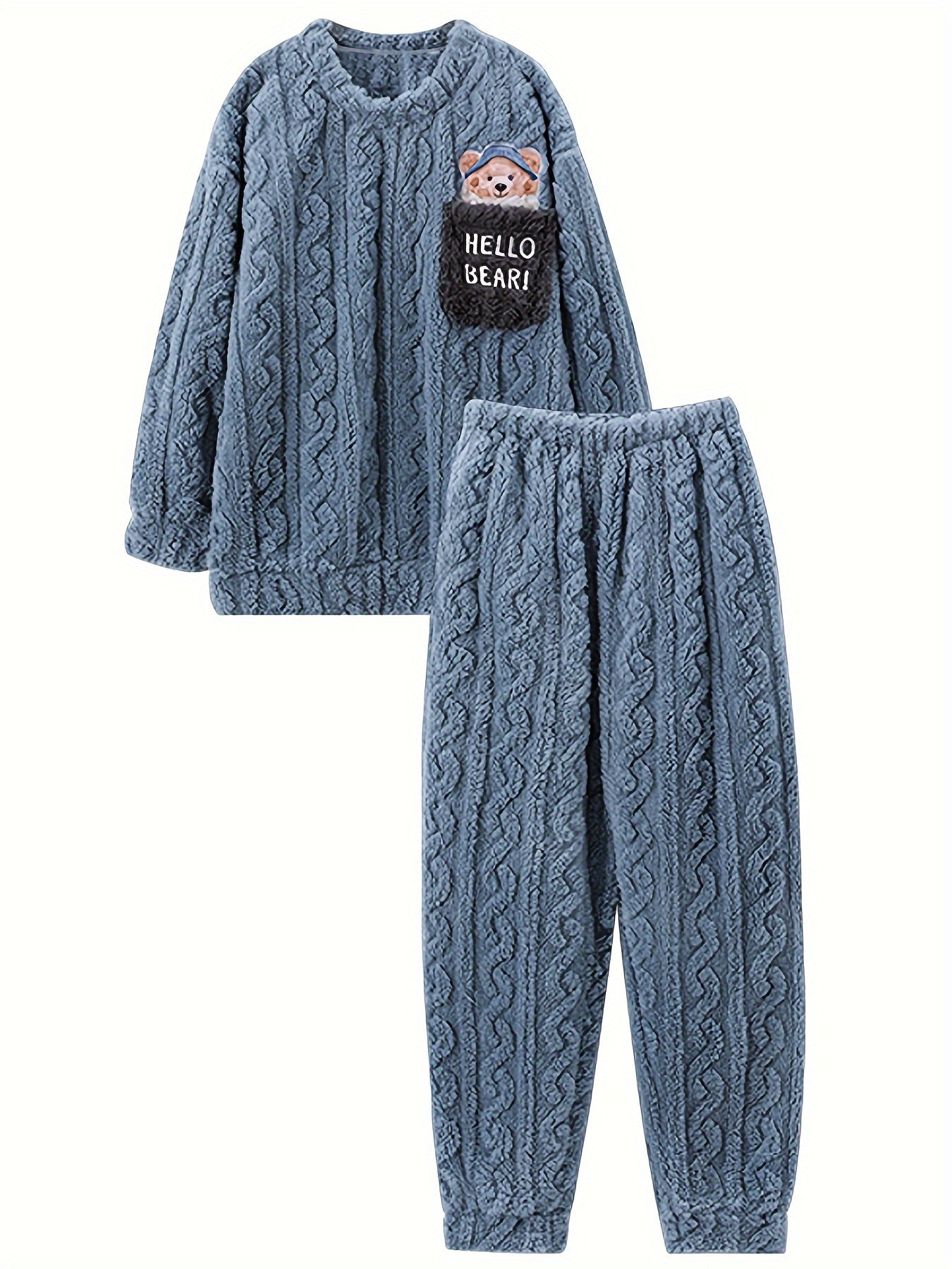 Women's Cute Bear & Letter Pattern Jacquard Fleece Thick Pajama Set, Long Sleeve Round Neck Top & Pants, Comfortable Relaxed Fit For Fall & Winter MyFave Boutique