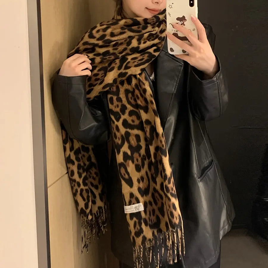 Chic Vintage Leopard Print Tassel Scarf for Women - Thick, Warm & Windproof Shawl for Fall/Winter, Fashionable Y2K-Inspired Design MyFave Boutique