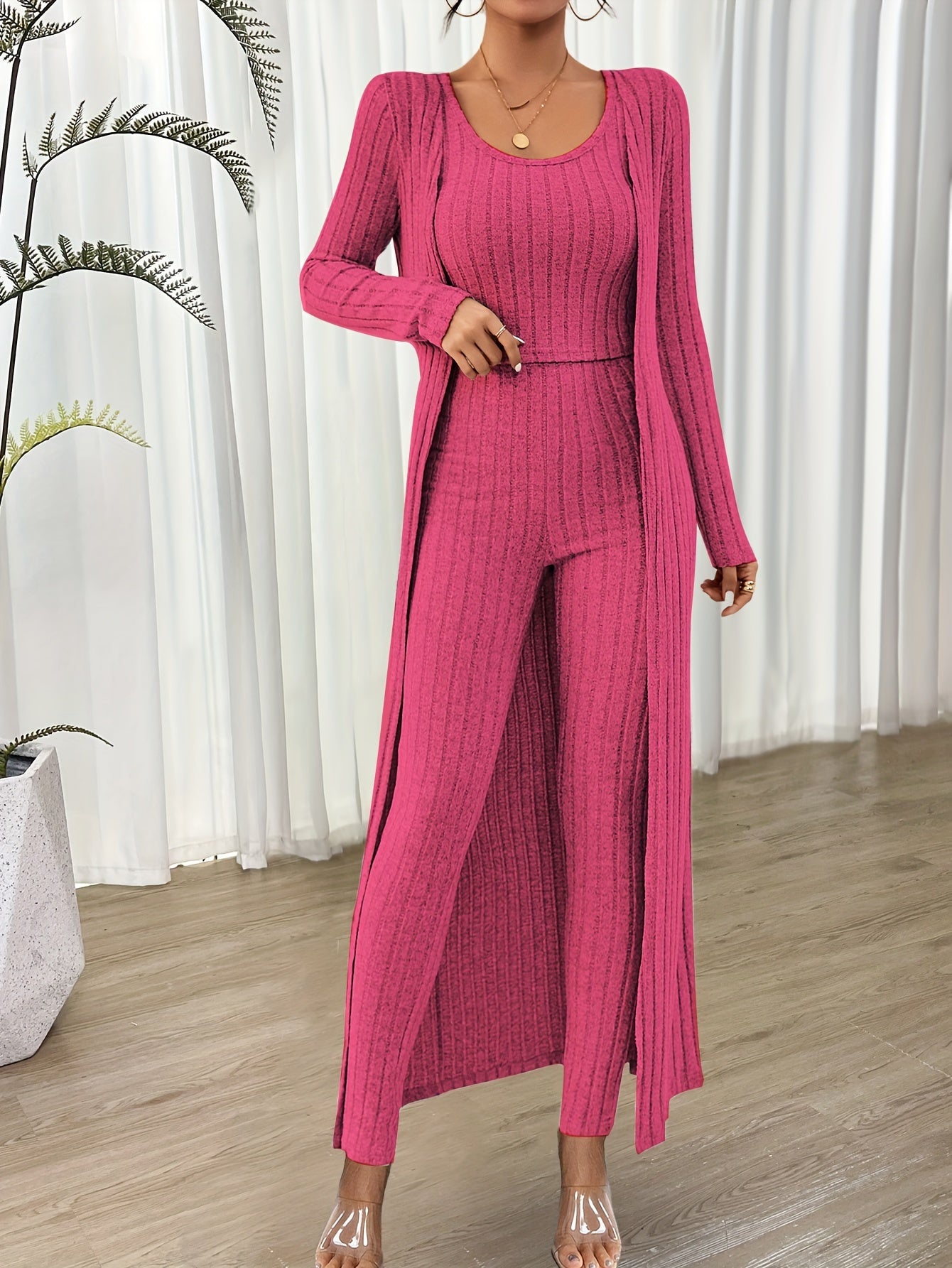 Ribbed Solid Three-piece Set, Crop Tank Top & Long Sleeve Cardigan & High Waist Pants Outfits, Women's Clothing MyFave Boutique