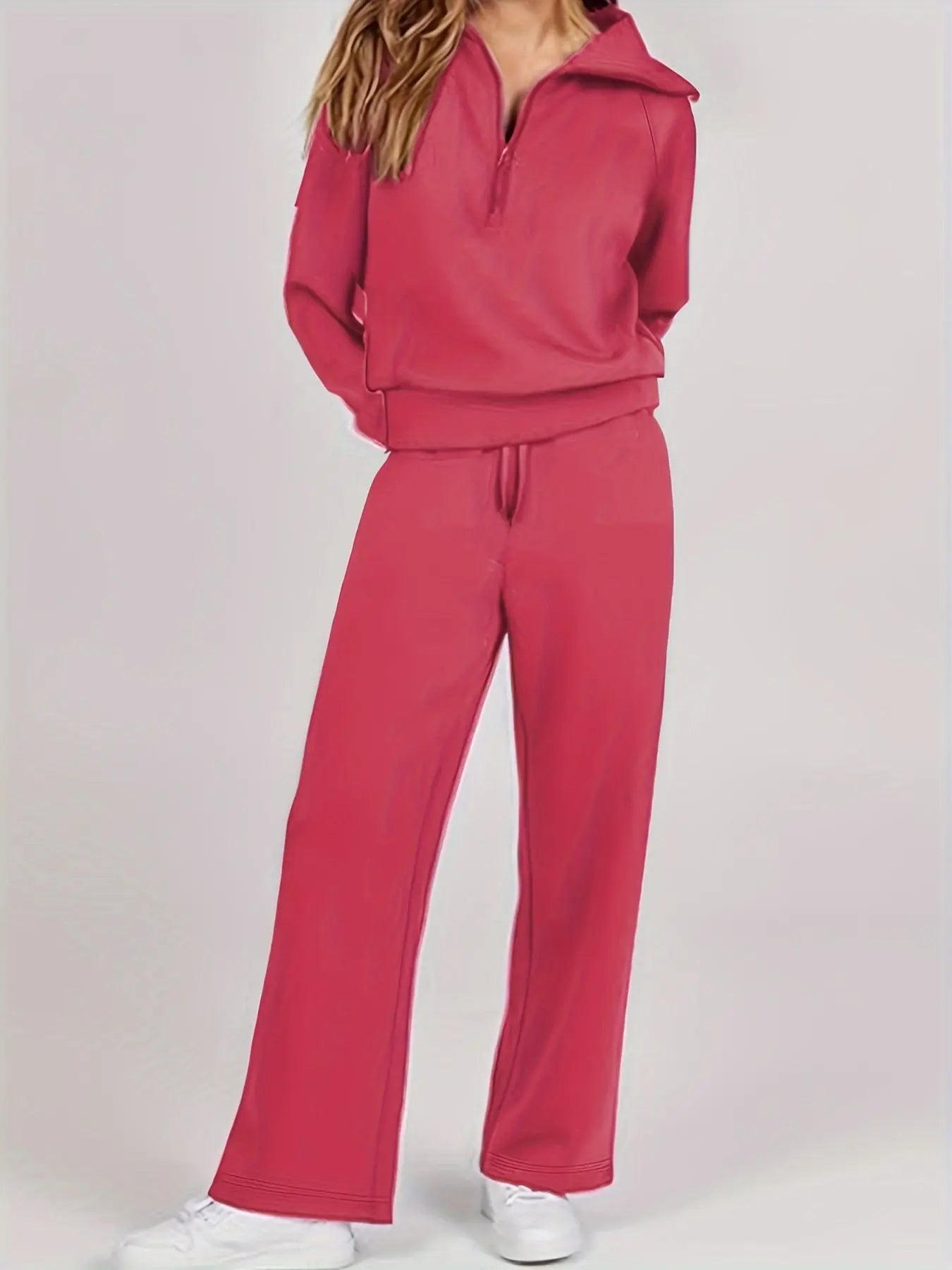 Zip-up Solid Color Trendy Set, Long Sleeve Collared Sweatshirt & Straight Leg Loose Pants, Women's Clothing MyFave Boutique