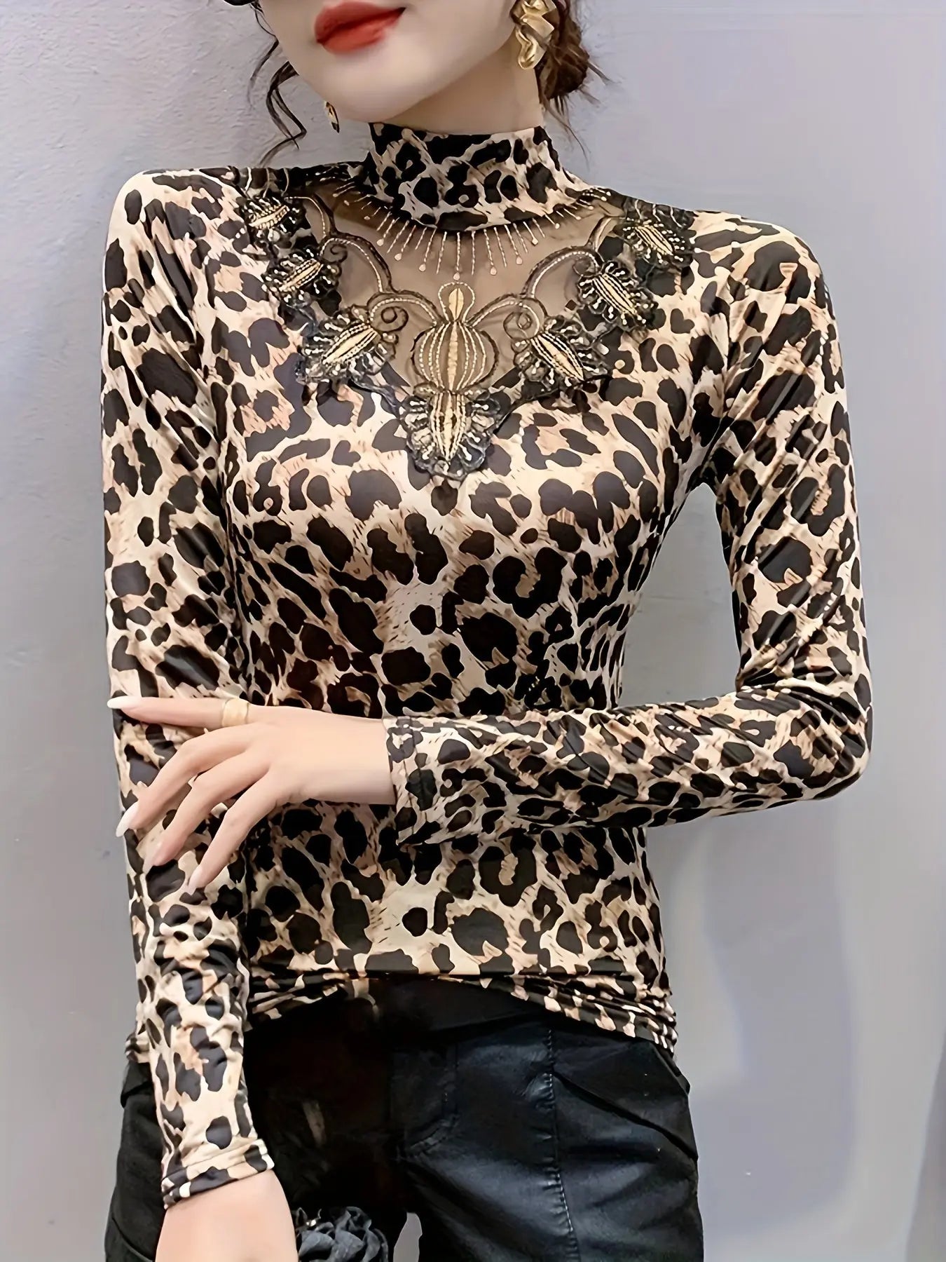 Leopard Print Illusion Neckline Long Sleeve T-Shirt for Women, Spring/Fall Fashion Mock Neck Top MyFave Boutique