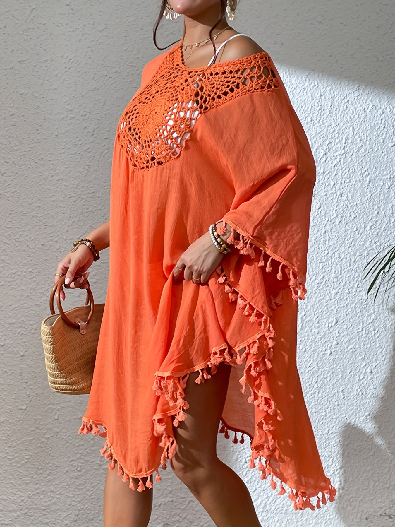 Women's Bohemian Orange Tassel Beach Cover-Up, Bamboo Texture Fabric With Hand-Crocheted Detail, Sexy Loose Fit Bikini Swimsuit Cover MyFave Boutique