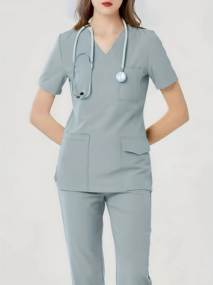 Comfortable & Functional Matching Two-piece Set, Pockets V-neck Top & Solid Pants Health Care Uniform, Women's Clothing MyFave Boutique