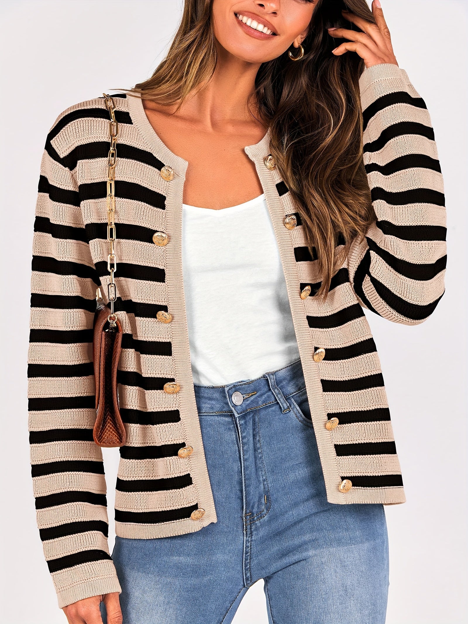 Striped Button Front Knit Cardigan, Elegant Crew Neck Long Sleeve Cardigan For Spring & Fall, Women's Clothing MyFave Boutique