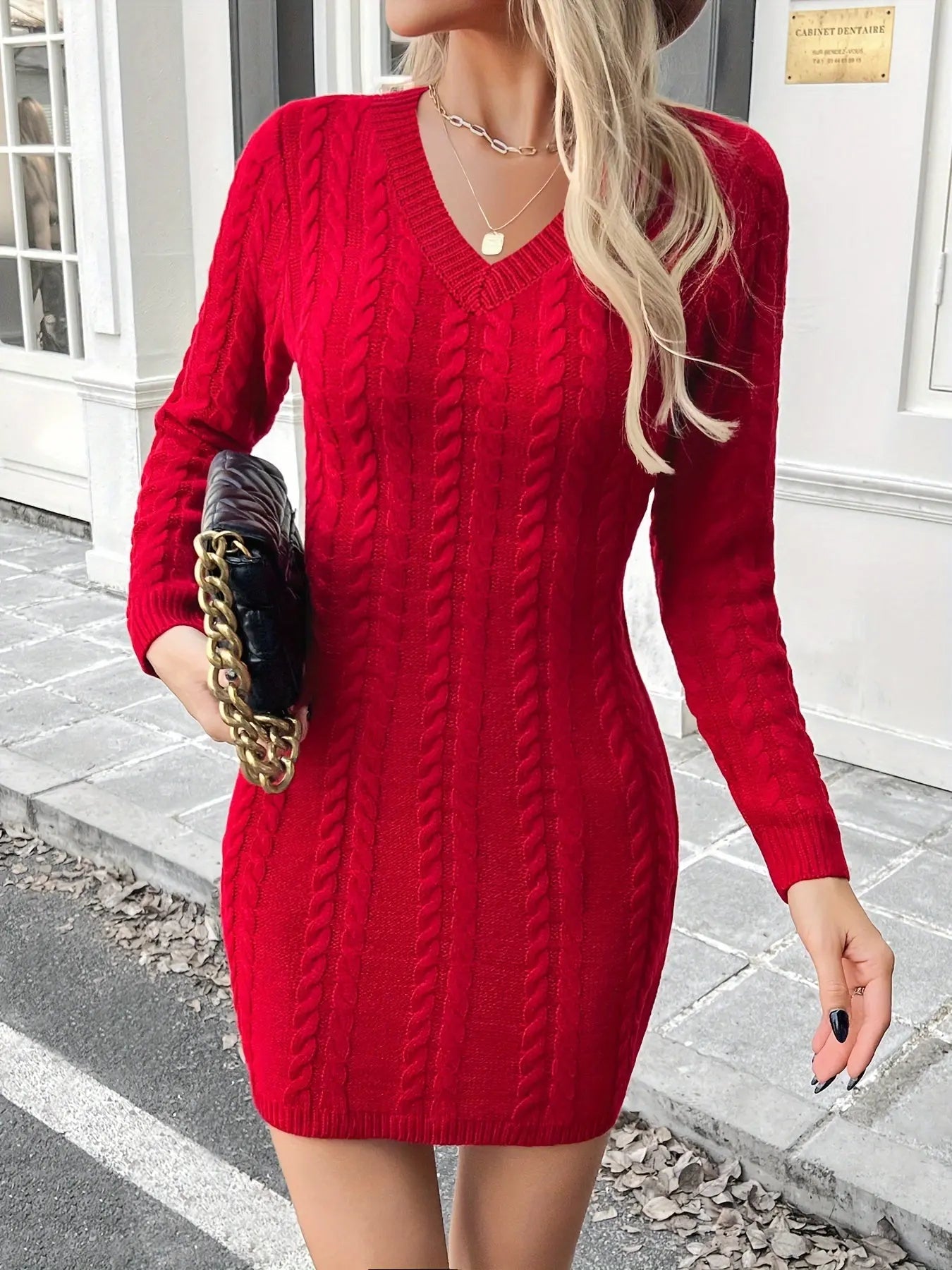 Cable Knit V-neck Sweater Slim Dress, Elegant Long Sleeve Knitted Dress For Fall & Winter, Women's Clothing MyFave Boutique