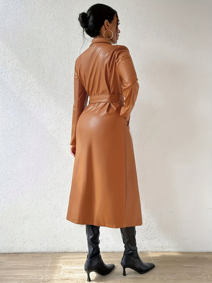 Belted Double Breasted Trench Coat, Elegant Faux Leather Pockets Long Sleeve Collar Coat, Women's Clothing MyFave Boutique