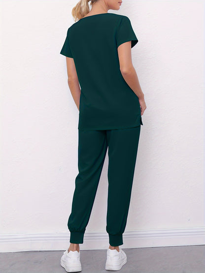 two-piece Women's Medical Scrub Set: V-Neck Short Sleeve Top & Pants with Pockets MyFave Boutique