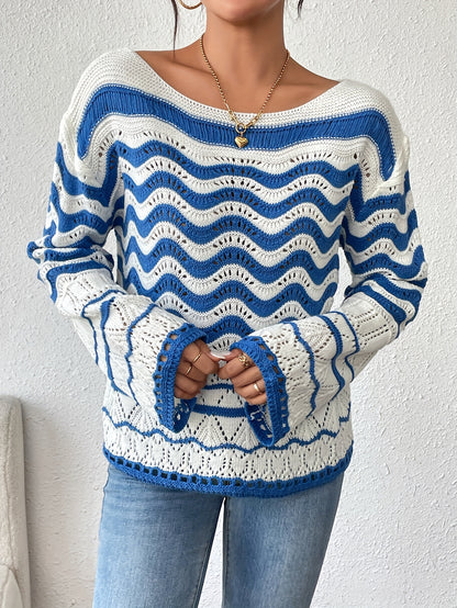 Elegant Off-Shoulder Wave Pattern Color Block Knit Sweater - Long Sleeve, Breathable Acrylic for Women - Perfect for Fall/Winter MyFave Boutique