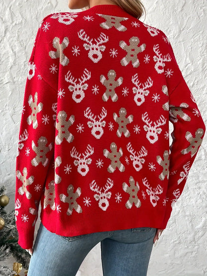 Christmas Pattern Button Down Knit Cardigan, Elegant V Neck Long Sleeve Sweater, Women's Clothing MyFave Boutique