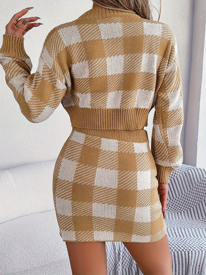 Plaid Pattern Knitted Two-piece Skirt Set, Crew Neck Long Sleeve Top & High Waist Skirts Outfits, Women's Clothing MyFave Boutique