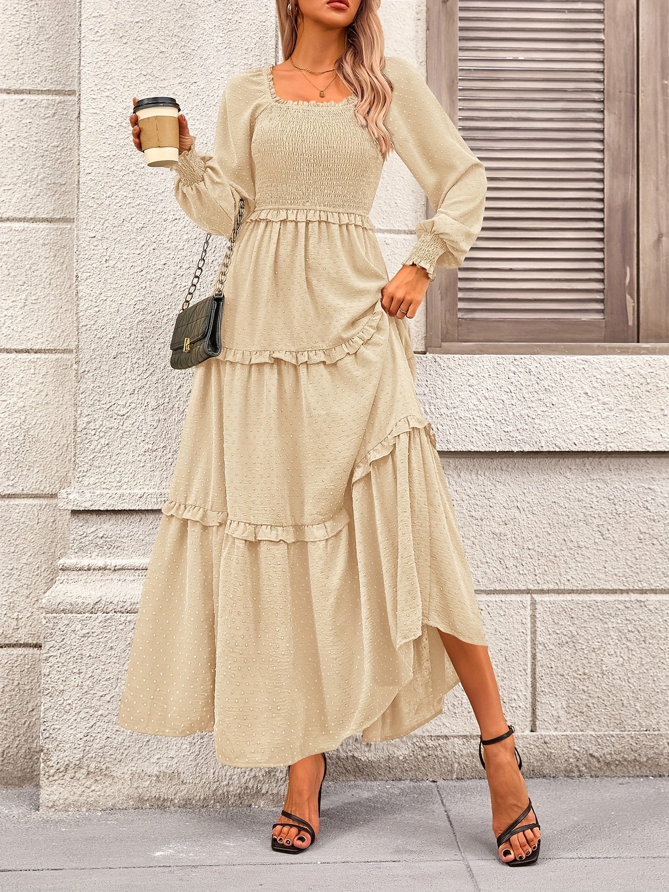 Women's Long Sleeve Smocked Maxi Dress Casual Square Neck Swiss Dot Tiered Ruffle Flowy Pocket Dresses MyFave Boutique