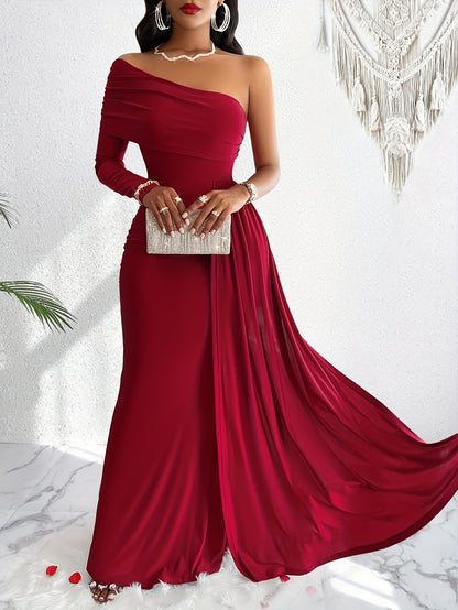 One Shoulder Asymmetrical Flowy Dress, Elegant Ruched Maxi Dress For Party & Banquet, Women's Clothing MyFave Boutique