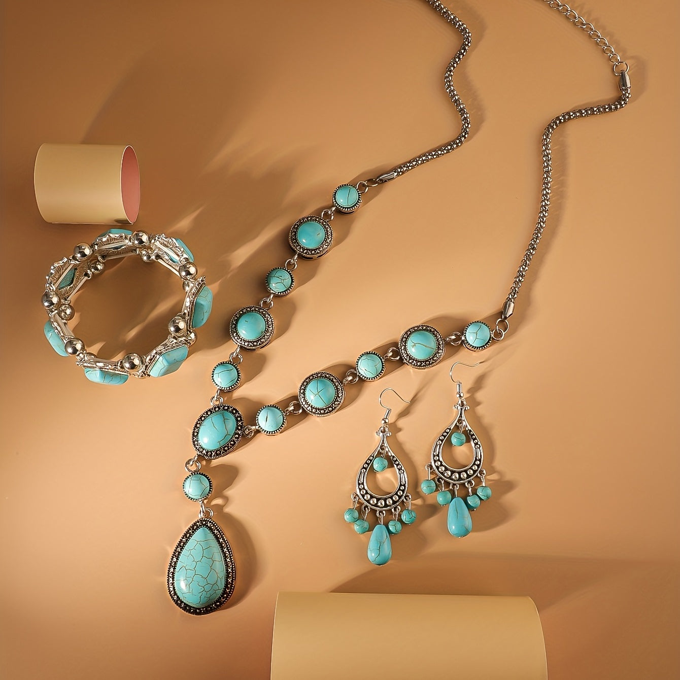 4pcs Necklace Earrings Plus Bracelet Boho Style Jewelry Set Inlaid Turquoise Traditional Party Accessories Gift For Female MyFave Boutique