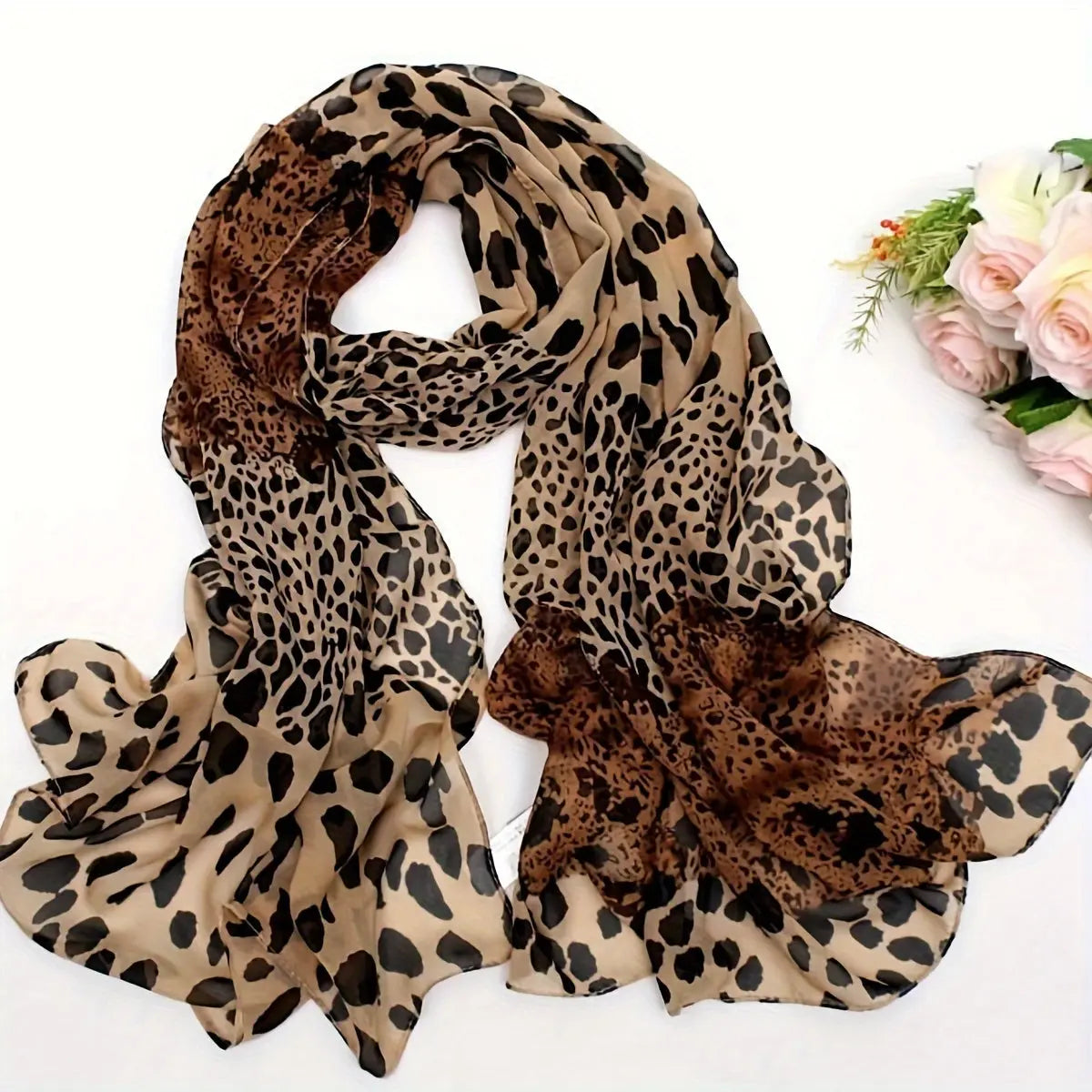 Boho Style Leopard Print Scarf for Women - 100% Polyester, Inelastic, Non-Feathered, Printed Chiffon Shawl - Windproof, Warm, Breathable Head Wrap for Going Out, Travel, Beach - 1PCS MyFave Boutique