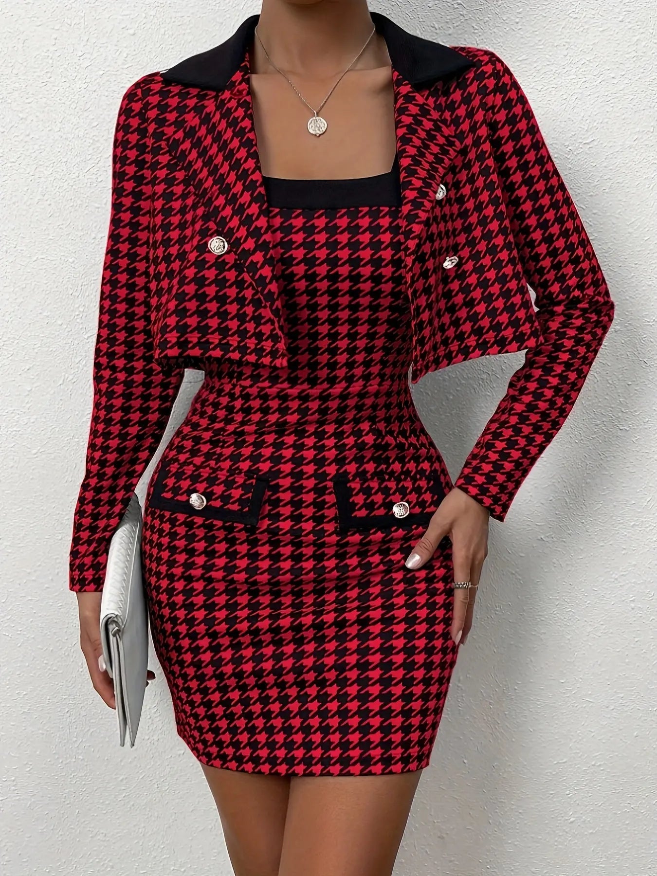 2 Pcs Elegant Houndstooth Print Tank Dress Set, Long Sleeve Button Front Notched Lapel Crop Blazer & Sleeveless Bodycon Wide Strap Mini Dress Outfits, Women's Clothing MyFave Boutique