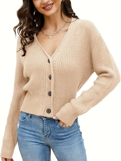 Women's Rib Knit Cropped Cardigan Sweater with Long Sleeves and V-Neck MyFave Boutique