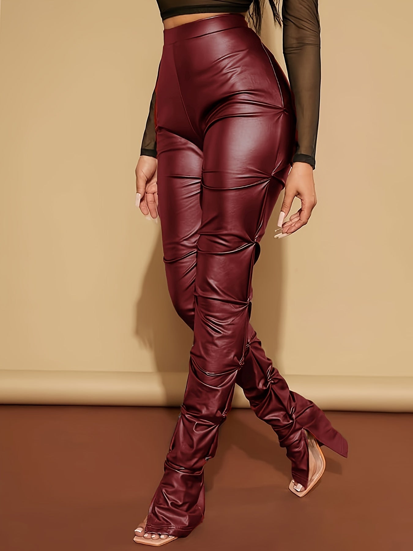 Solid Color High Waist Pants, Casual Ruched Skinny Split Leather Pants For Every Day, Women's Clothing MyFave Boutique