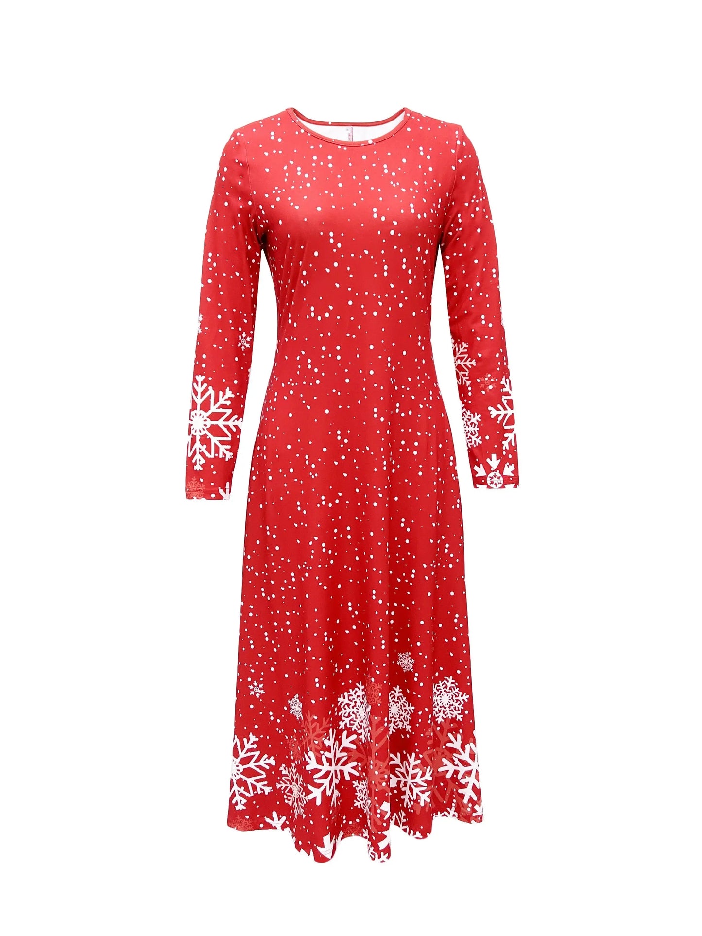 Snowflake Print Long Sleeve Dress, Elegant Crew Neck Dress For Spring & Fall, Women's Clothing MyFave Boutique